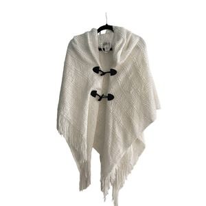 Neiman Marcus Silky Soft White Knit Fringed Hoody Poncho Faux bone Closure O/S